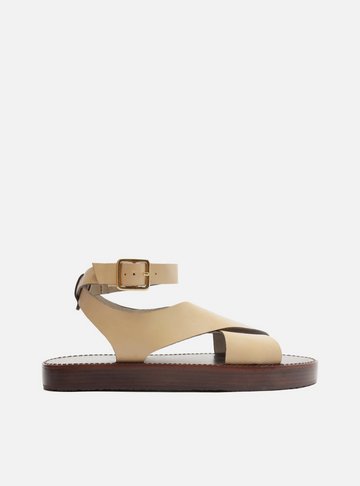 Sandália Bege Couro Flatform Tiras Largas