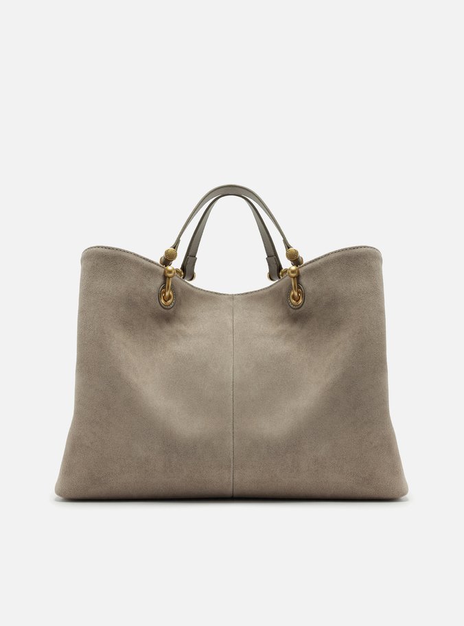 Bolsa Tote Cinza Suede Grande Franjas