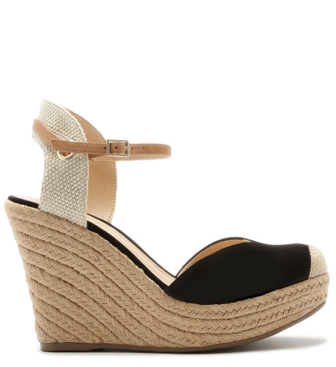 Espadrille Nobuck Salto Alto Corda Trançada Preta e Natural Wood