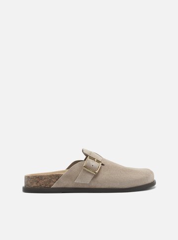 Clog Sabot Cinza Camurça Rasteira Fivela