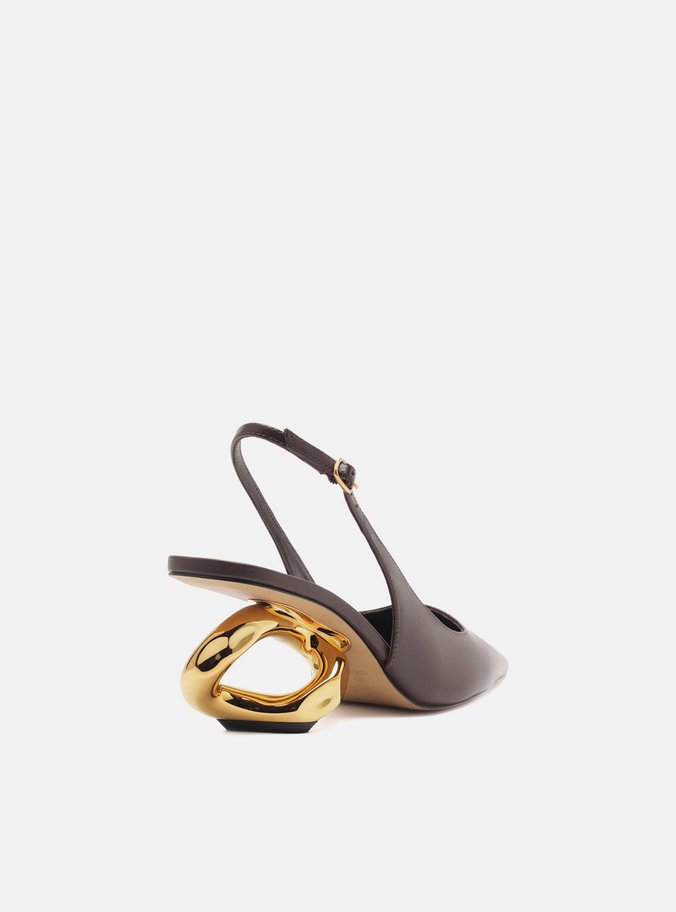 Scarpin Marrom Couro Salto Geométrico Slingback