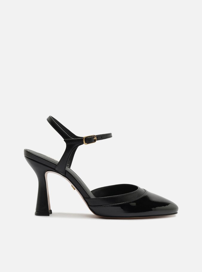 Scarpin Preto Salto Geométrico Fivela Slingback