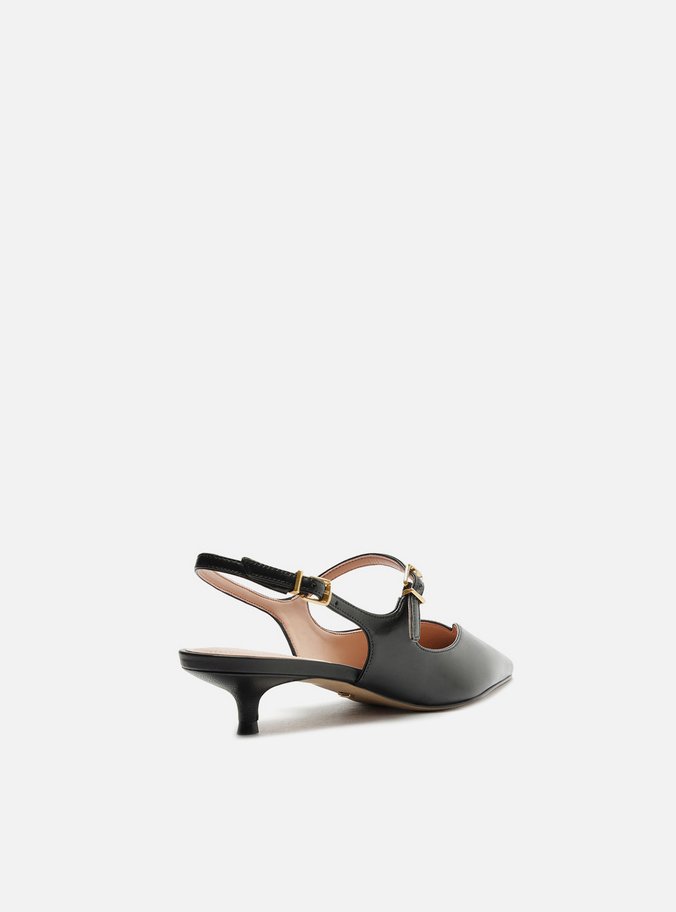 Sapato Boneca Preto Couro Bico Fino Slingback