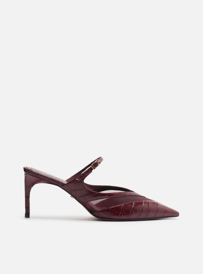 Mule Vermelha Croco Salto Médio Fino Tela