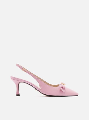 Scarpin Rosa Couro Bico Quadrado Slingback Laço