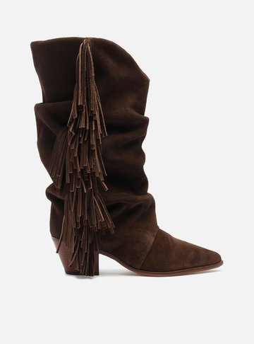 Bota Marrom Suede Cano Alto Bloco Franjas