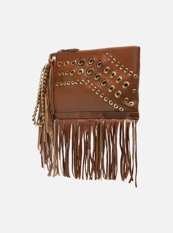 Clutch Marrom Couro Média Franjas Ilhoses