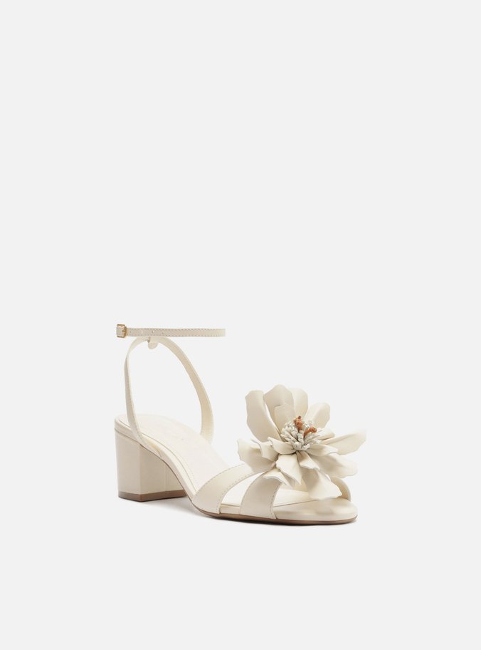 Sandália Off-White Couro Salto Bloco Flor