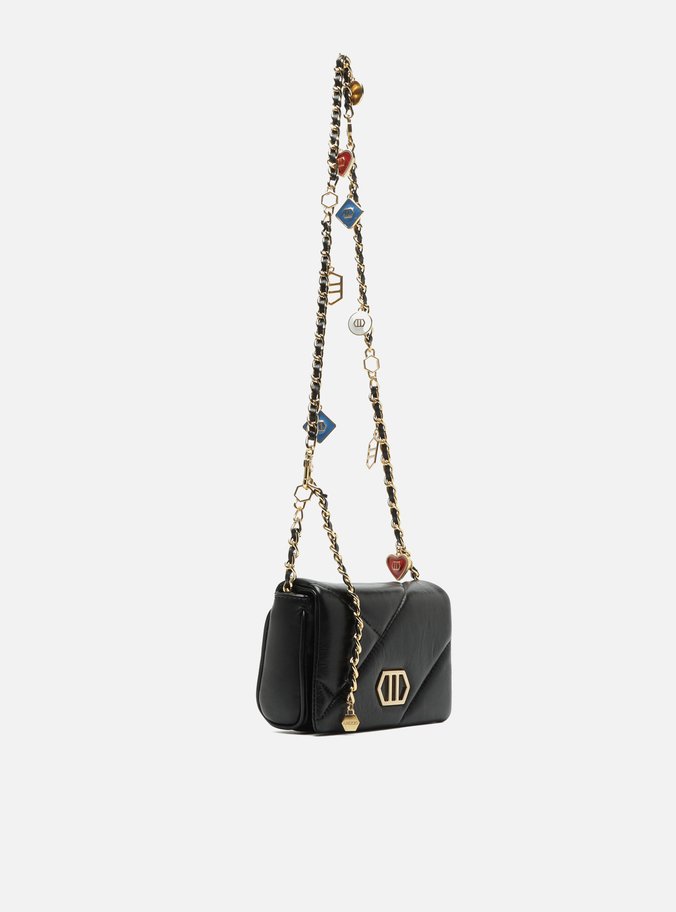 Mini Bag Tiracolo Preta Couro Pingentes