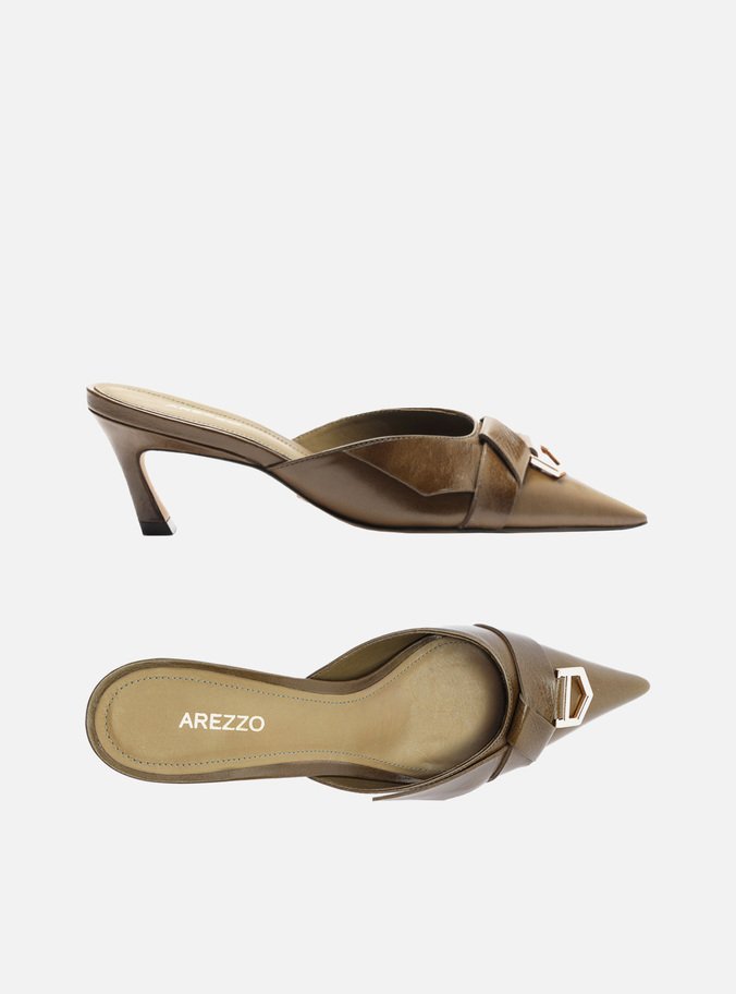 Mule Verde Couro Bico Fino Salto Baixo