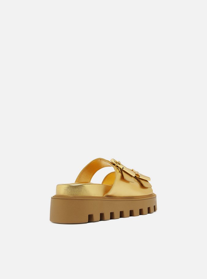 Sandália Metalizada Couro Flatform Tratorada