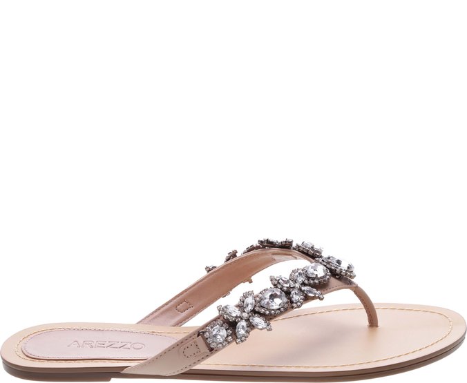 Chinelo Couro Pedrarias Nude Crema