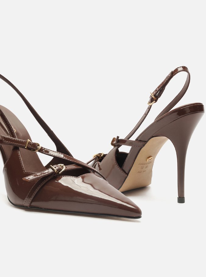 Scarpin Marrom Verniz Salto Alto Slingback Amélia