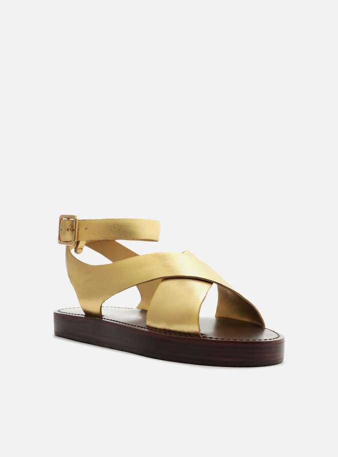 Sandália Dourada Couro Flatform Tiras Largas