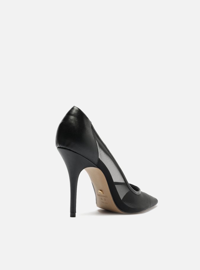 Scarpin Preto Tela Salto Fino Detalhe Couro