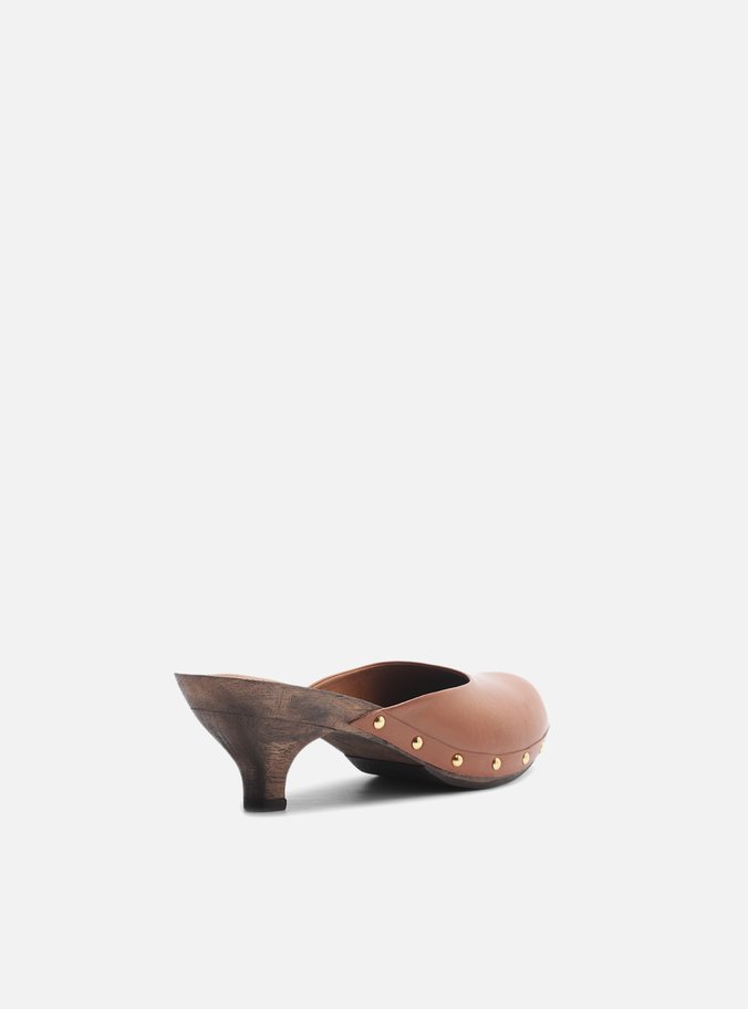 Mule Clog Caramelo Couro Salto Baixo