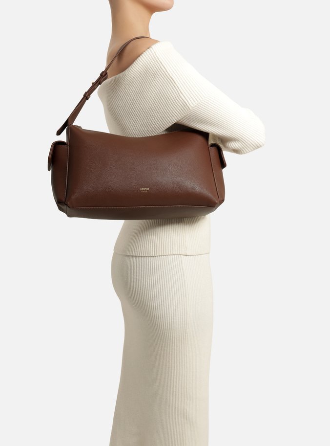 Bolsa Hobo Marrom Texturizada Grande Bolsos Laterais