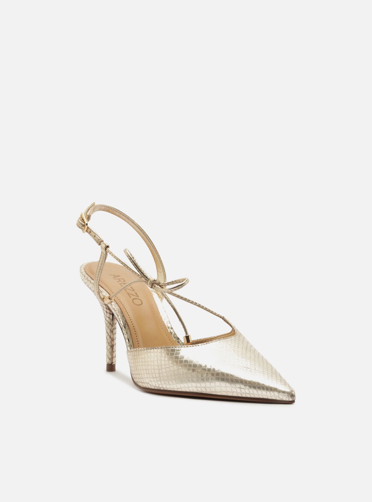 Scarpin Dourado Couro Slingback Salto Fino Lacinho — foto 2