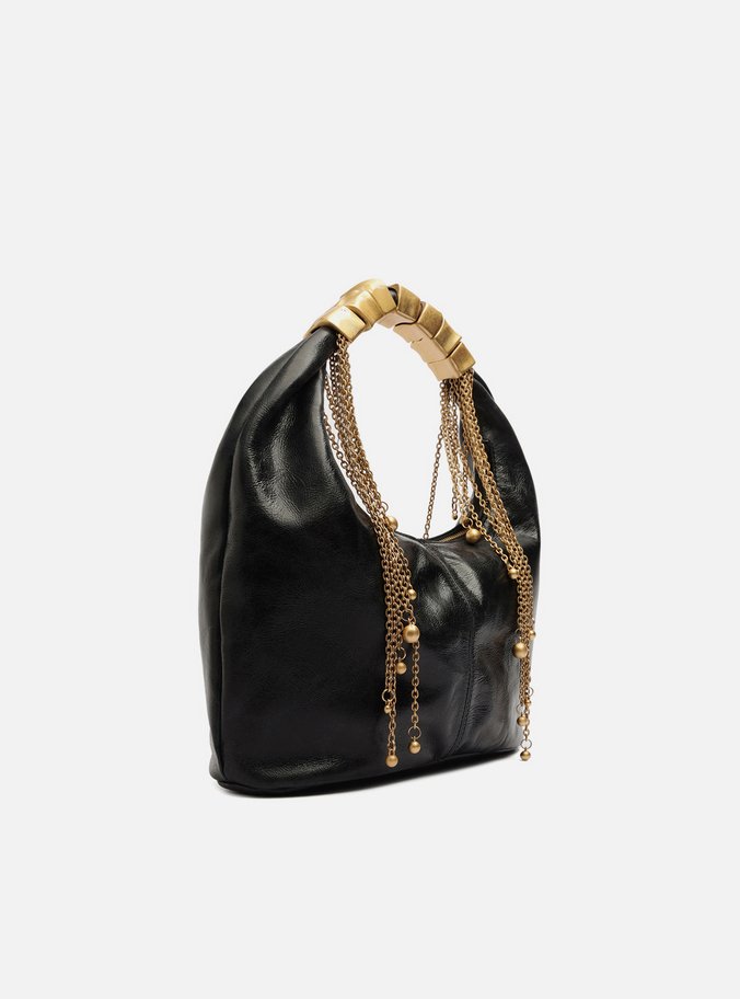 Bolsa Tiracolo Preta Couro Média Alça Metais