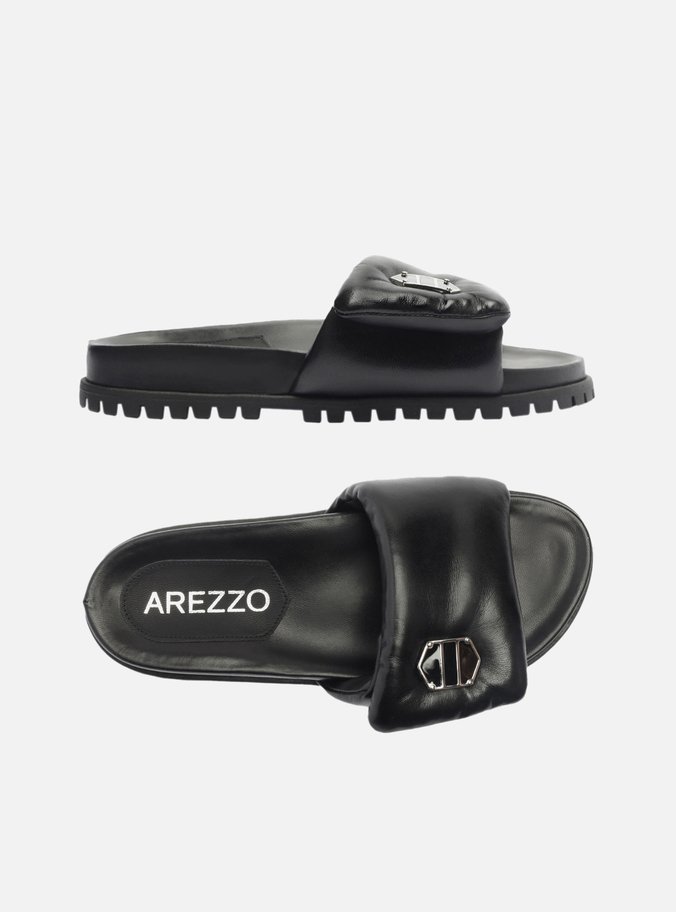 Slide Preto Couro Tratorado Puffer