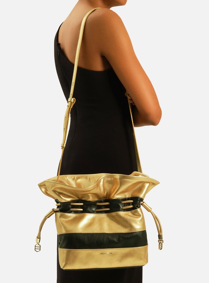 Bolsa Bucket Dourada Couro Pequena Preta TIG