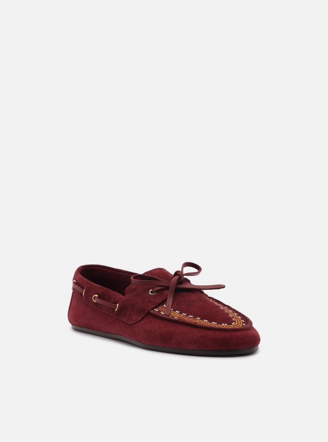 Mocassim Vinho Suede Bordado Retrô