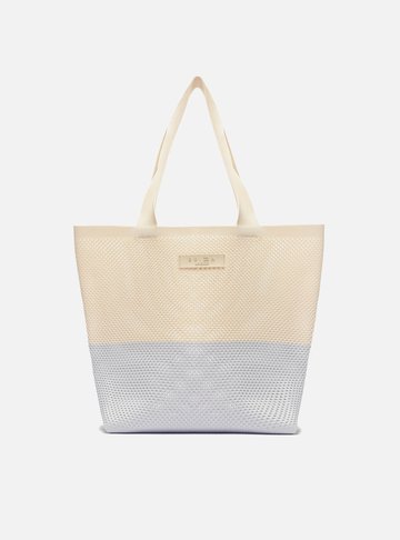 Bolsa Shopping Bege e Azul Grande Crochê
