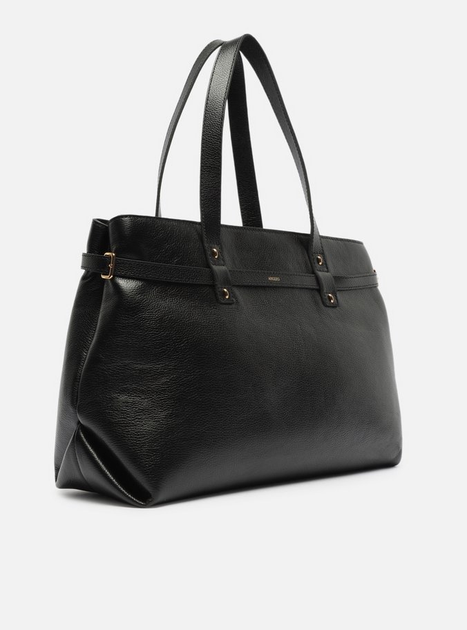 Bolsa Shopping Preta Couro Grande Fivelas