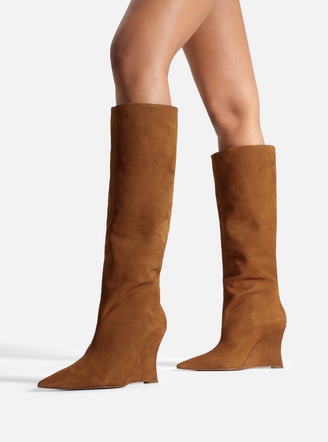 Bota Marrom Acamurçada Cano Alto Salto Anabela