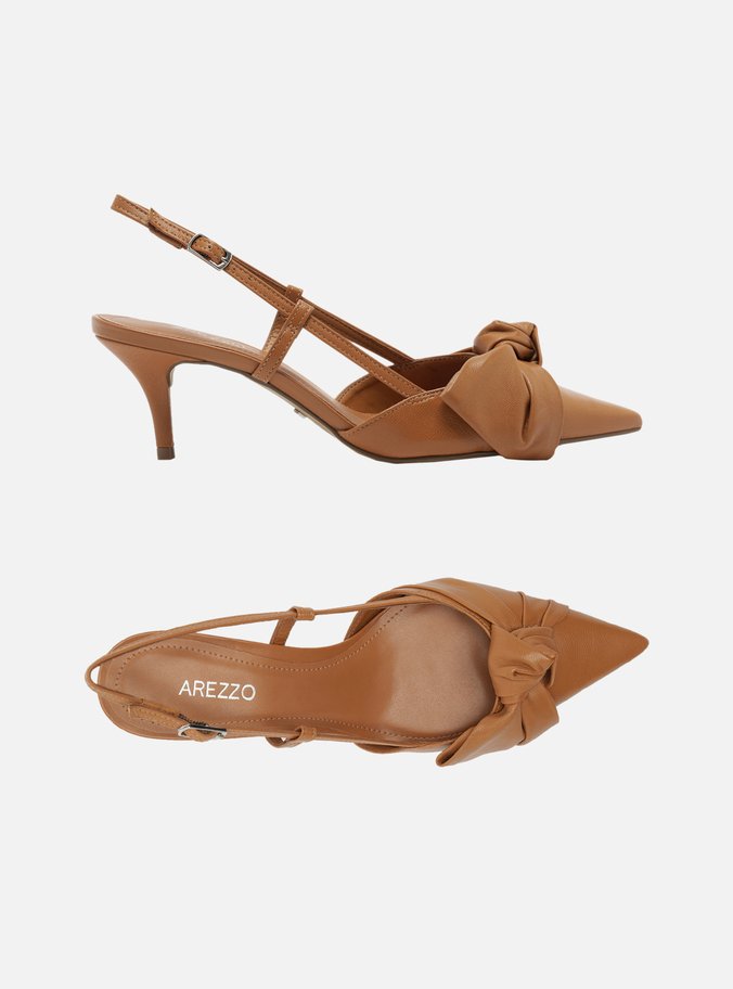 Scarpin Marrom Couro Salto Fino Nó Slingback