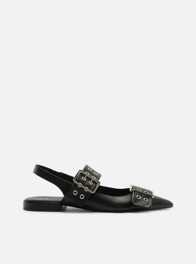 Sapatilha Preta Couro Slingback
