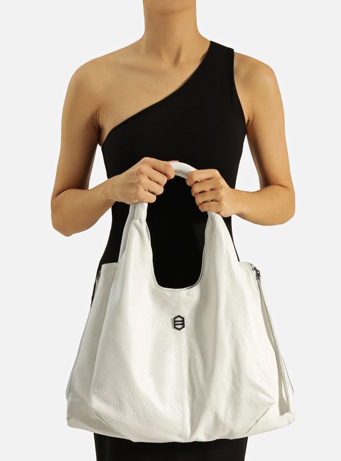 Bolsa Tote Branca Couro Grande Bolsos Laterais