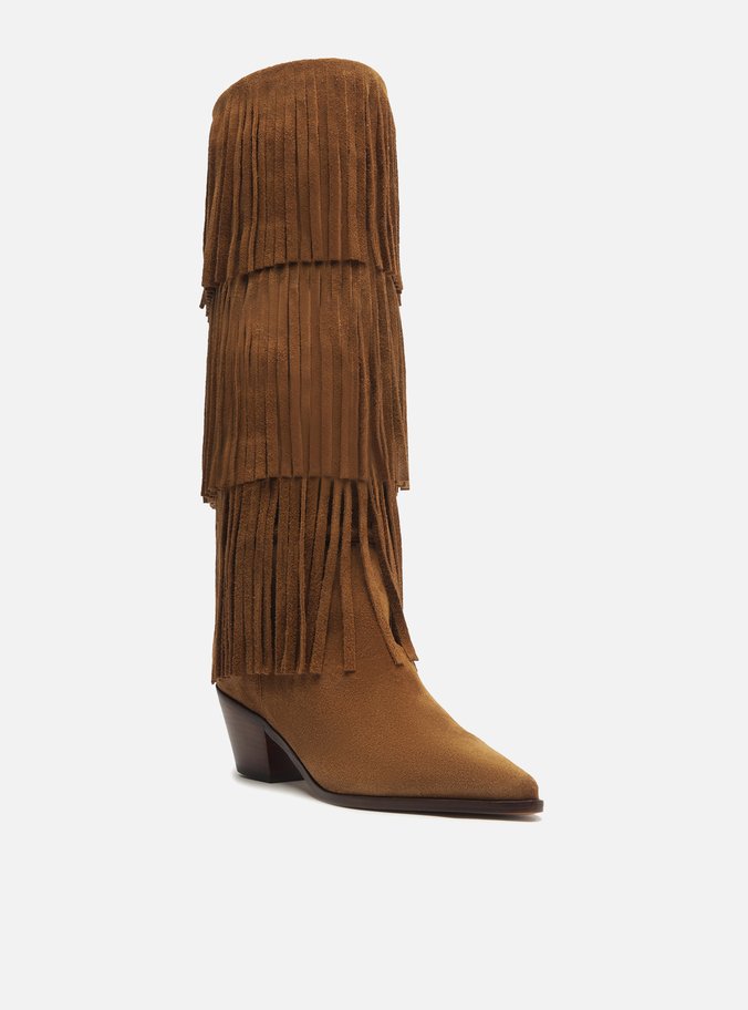 Bota Marrom Suede Cano Médio Bloco Franjas