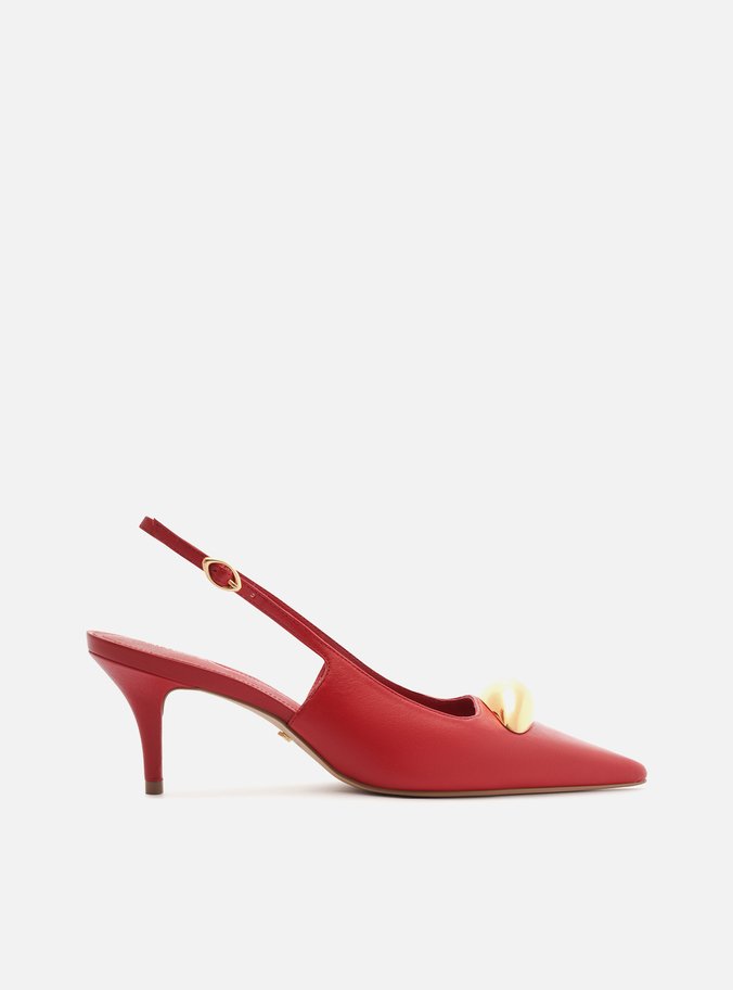 Scarpin Vermelho Couro Slingback Metal Silvia Braz
