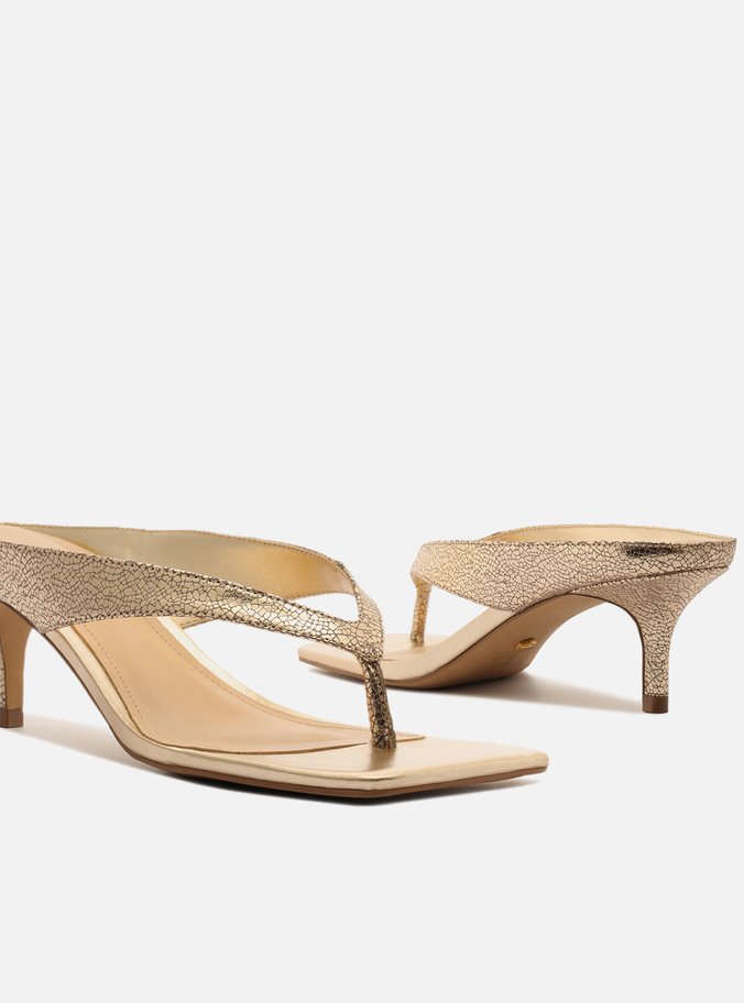Tamanco Dourado Couro Salto Médio Thong