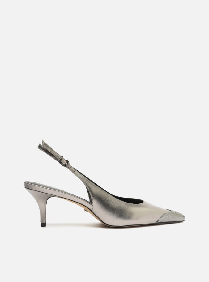 Scarpin Prata Couro Bico Fino Slingback Biqueira