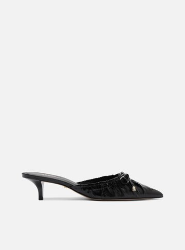 Mule Preto Couro Franzido Laço