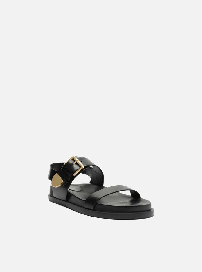 Sandália Rasteira Preta Couro Maxi Fivela