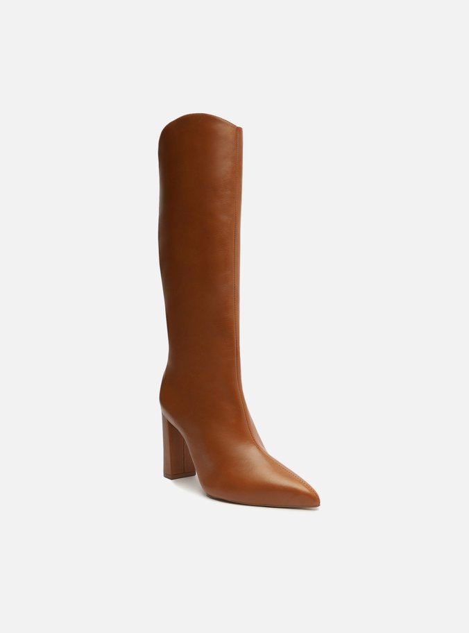 Bota Marrom Couro Cano Longo Salto Alto