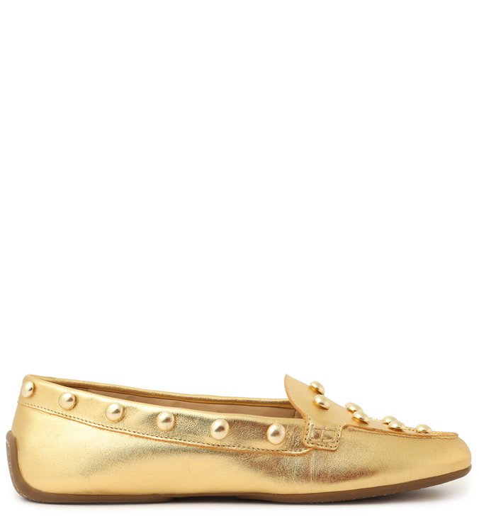 Mocassim Dourado Couro Tachas