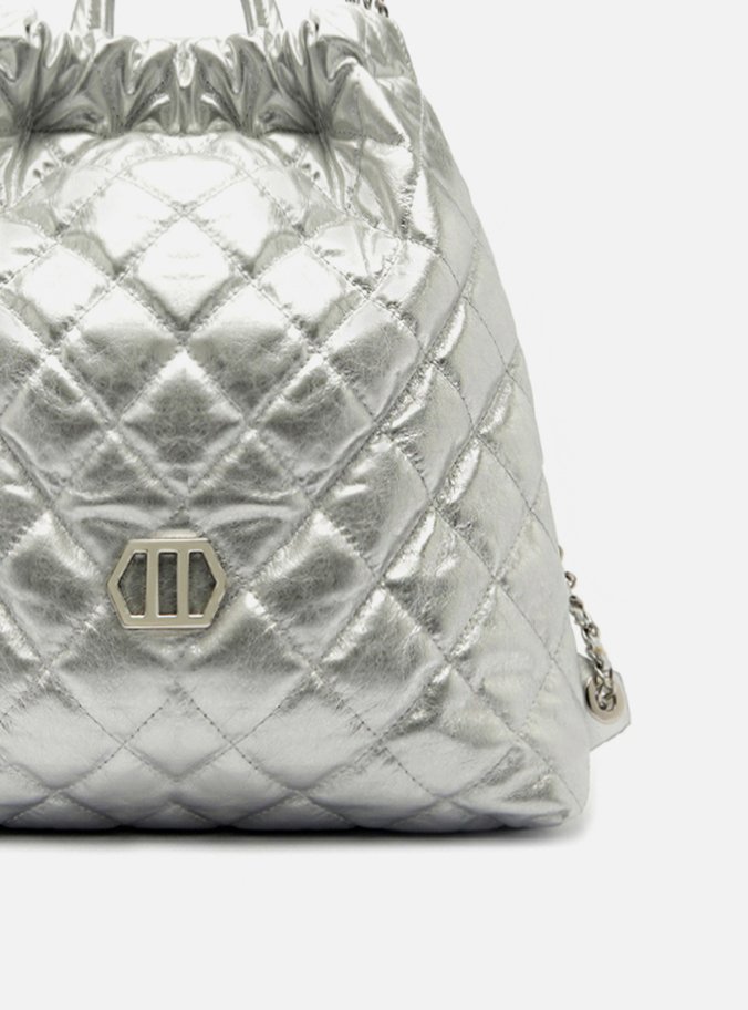 Mochila Prata Couro Charlotte Grande