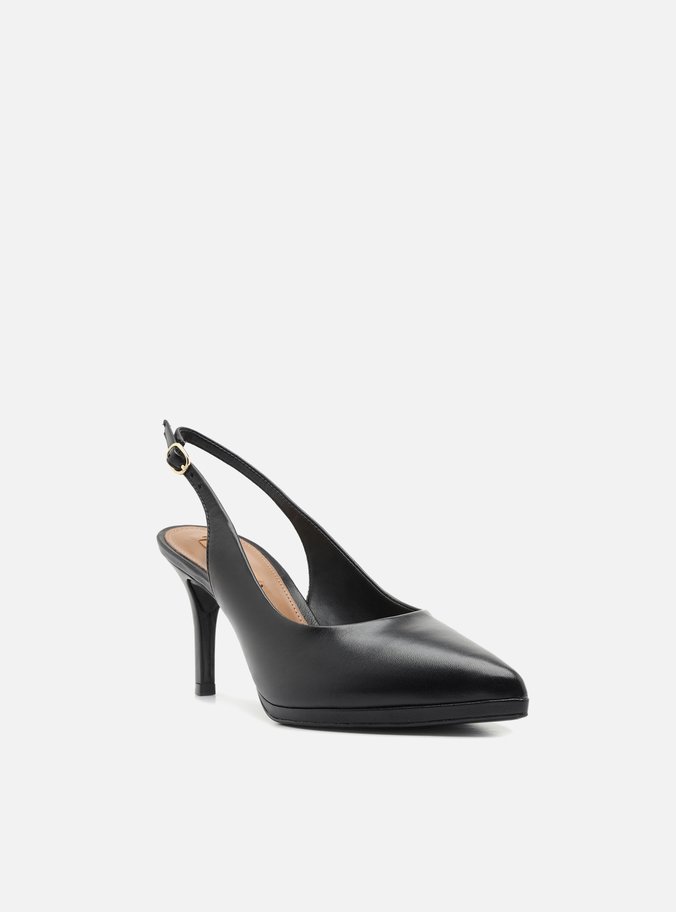 Scarpin Preto Couro Salto Alto Slingback