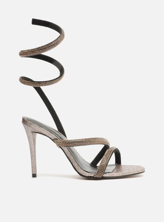 Sandália Dourada Salto Fino Espiral Glitter Strass Gigi