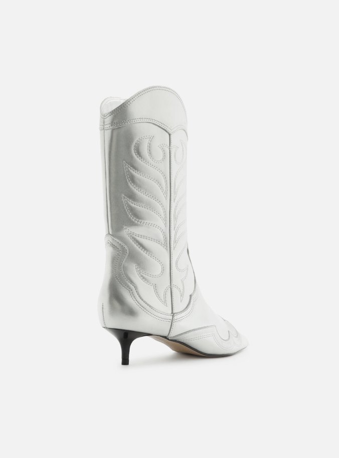 Bota Prata Couro Cano Médio Salto Fino Western