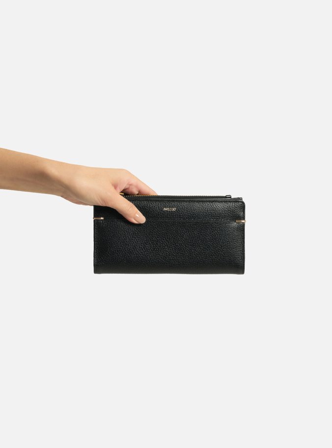 Carteira Preta Couro Grande Zíper Metais