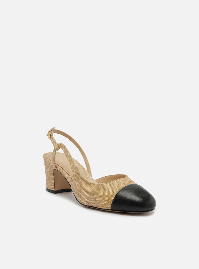 Scarpin Bege Palha Bico Redondo Cap Toe Preto