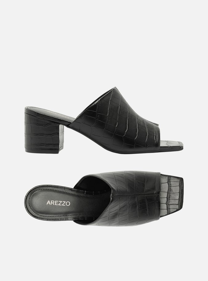 Mule Preta Croco Salto Bloco