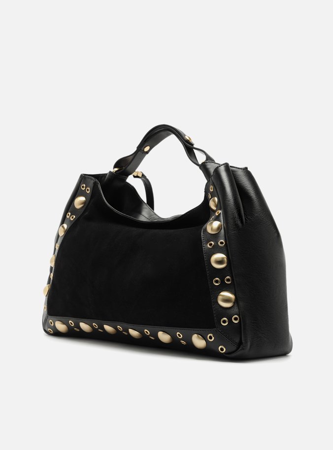 Bolsa Tote Preta Couro Camurça Grande Metais