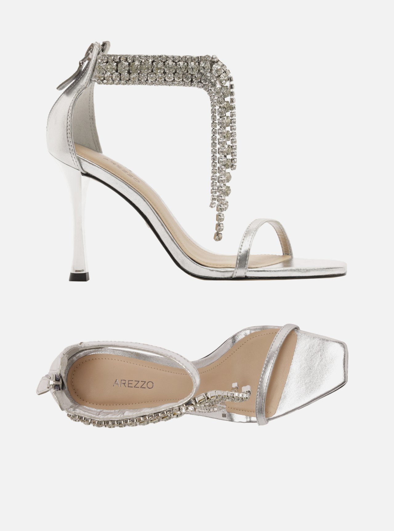 Sandália Prateada Verniz Salto Fino Strass — foto 5