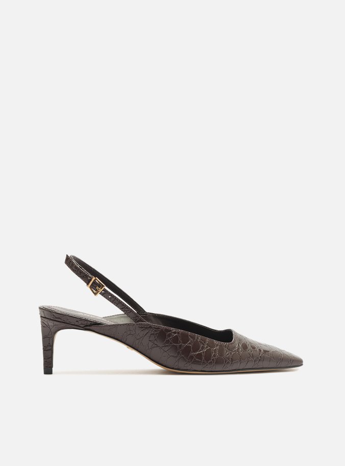 Scarpin Marrom Croco Salto Baixo Slingback